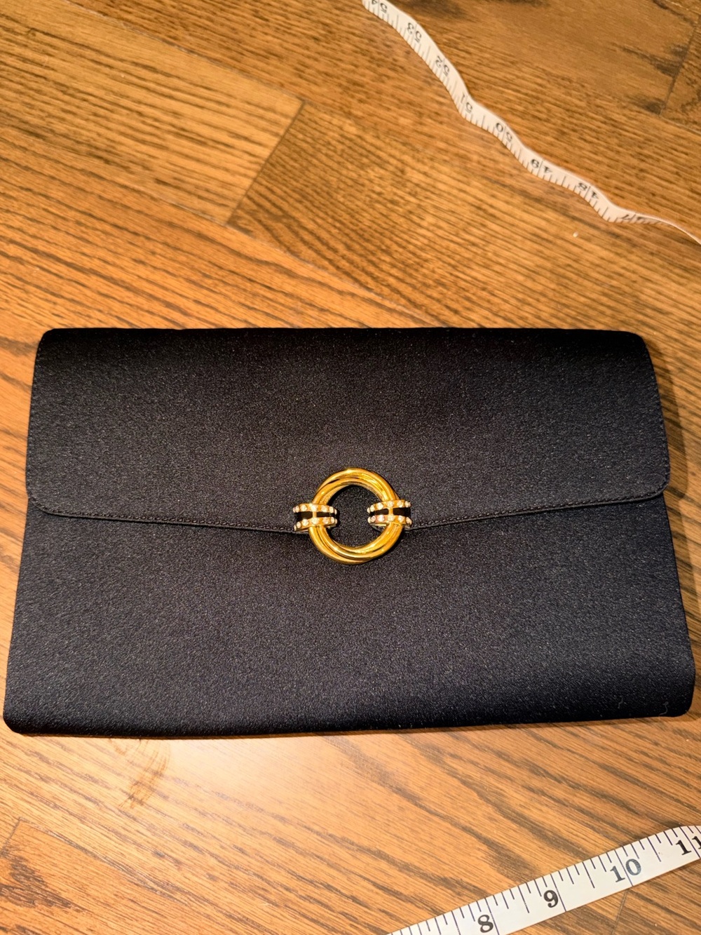 NWT RODO Black Satin Evening Clutch with Gold Ring Accent
